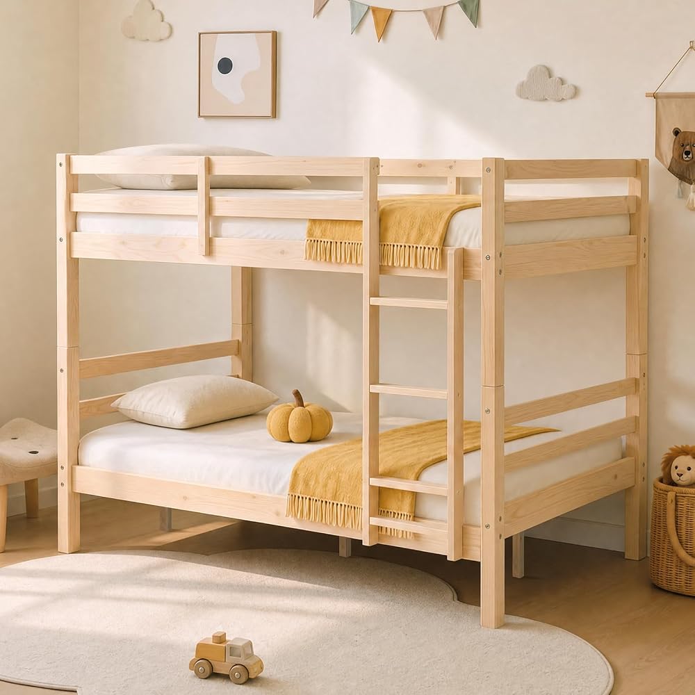 Full Over Full Bunk Bed with Thick Posts, Wood Bunkbed, Natural