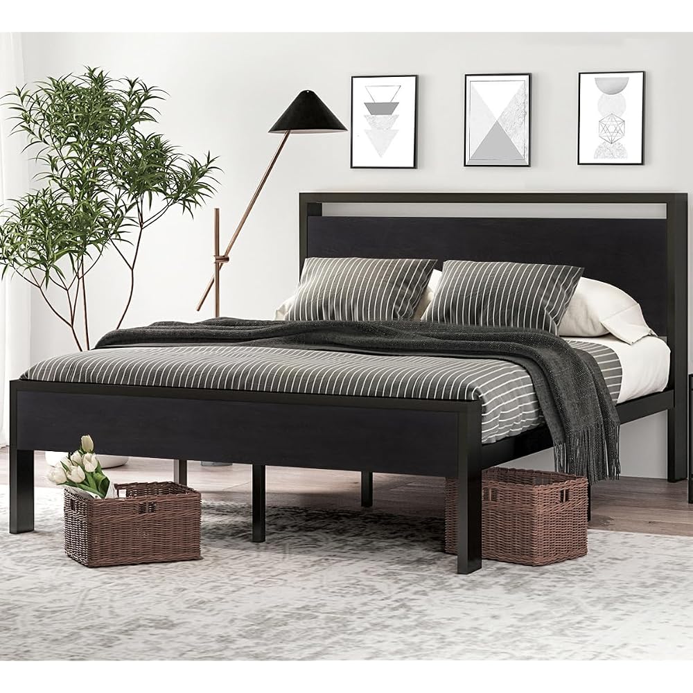 Full Size Bed Frame, Wooden Headboard and Footboard, Black Oak