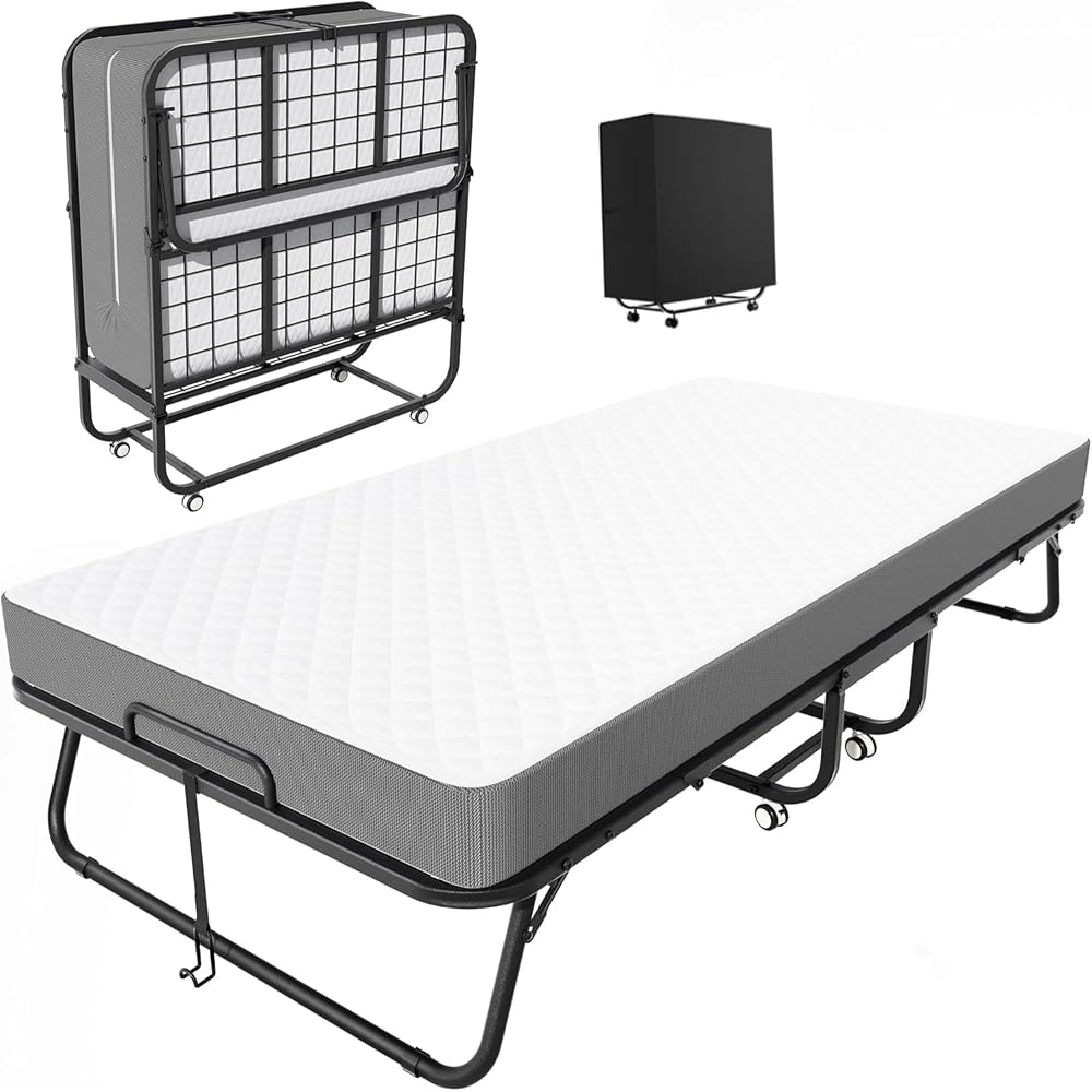 Folding Bed with Mattress, Roll Away Beds with Mattress for Adults, Single Cot Foldable Rollaway Beds, 75" x 31.5" Portable Bed for Easy Storage, Strong Frame for Guest Room