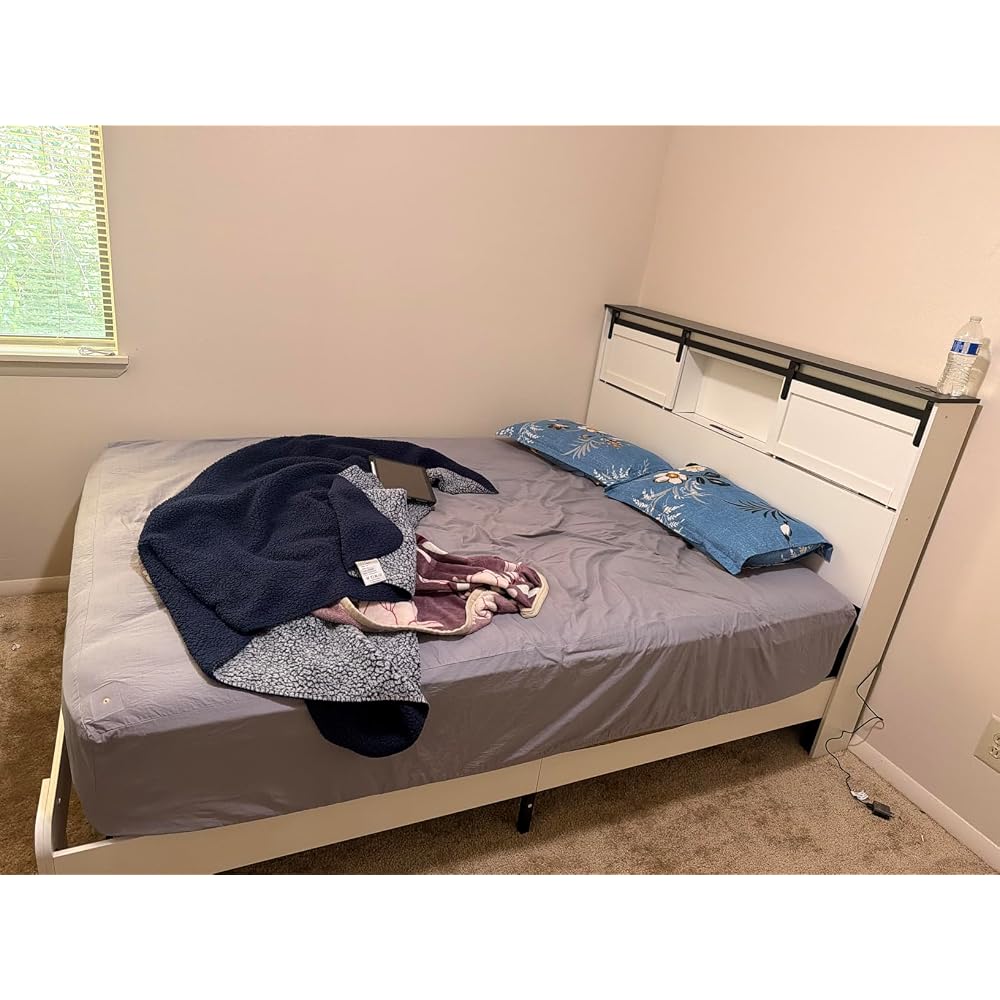 Farmhouse Platform Bed Frame with Storage Headboard and Dual USB Ports