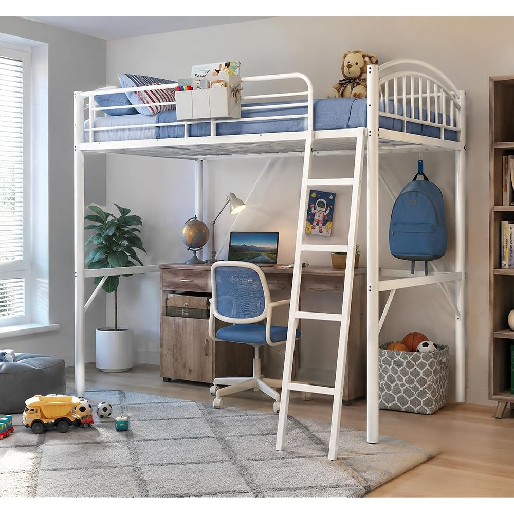 Loft Bed White Twin with Storage Bag, Metal Twin Size Loft Beds for Kids with Convertible Ladder, Safety Guard Rails and Anti-tip Nails for Teenager，Girls or Boys (White)