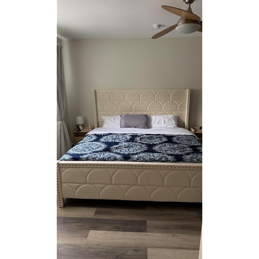 King Size Bed Frame with 56" Headboard - Velvet Upholstered Wingback Platform Bed Frame, Noise Free, Sturdy Wooden Slat Support (Deep Gray, King)