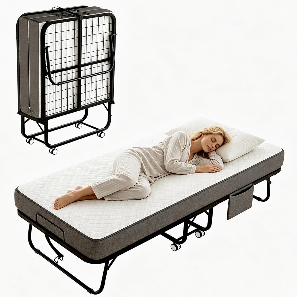 Folding Bed with Mattress, 75" x 31" Rollaway Bed with Memory Foam Mattress for Adults, Portable Foldable Guest Bed with Metal Frame, Luxury Single Bed for Home& Office Space Saving