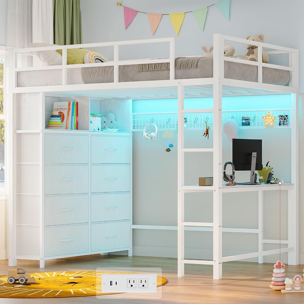 Twin Loft Bed with Desk, 8 Storage Drawers,LED Lights, White