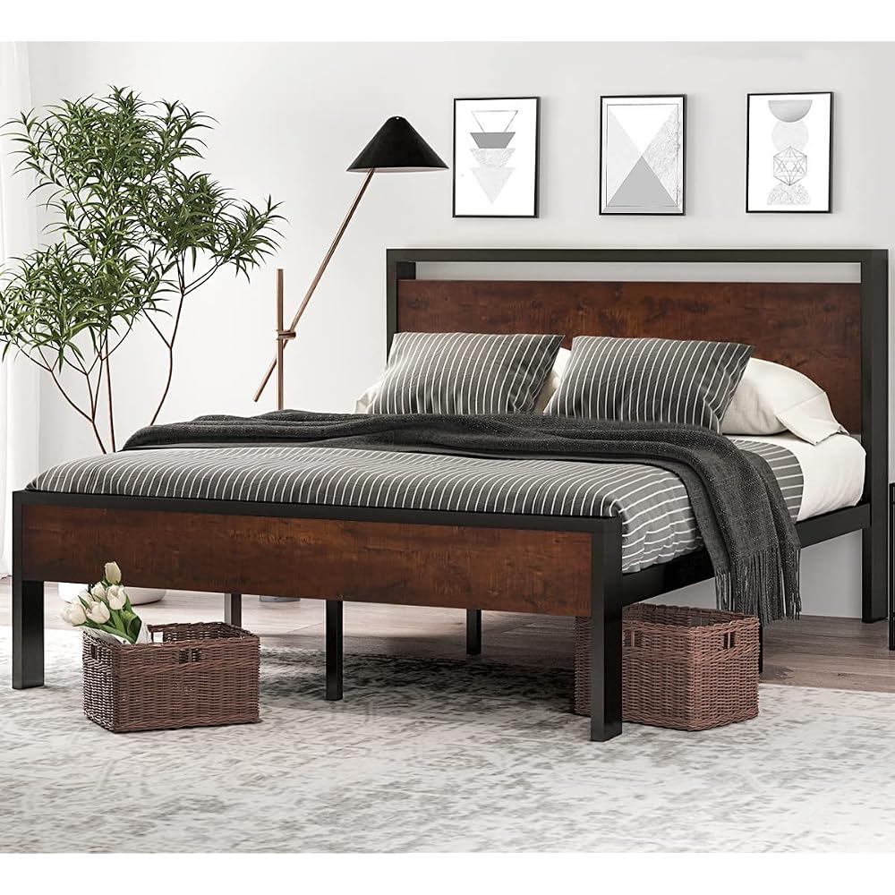 14 Inch Full Size Metal Platform Bed Frame with Wooden Headboard and Footboard, Mattress Foundation, No Box Spring Needed, Large Under Bed Storage, Non-Slip Without Noise, Walnut