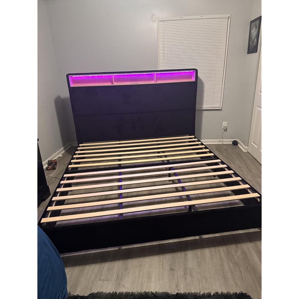 Farmhouse Queen Size Bed with 50" Tall Storage Bookcase Headboard