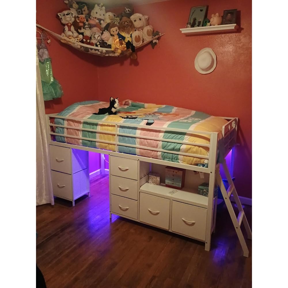 Kids Low Loft Bed Full with 7 Drawers, Bookcase, Safety Guardrail