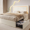 Full Size Bed Frame with LED Lights,2 Storage Drawers, Cream