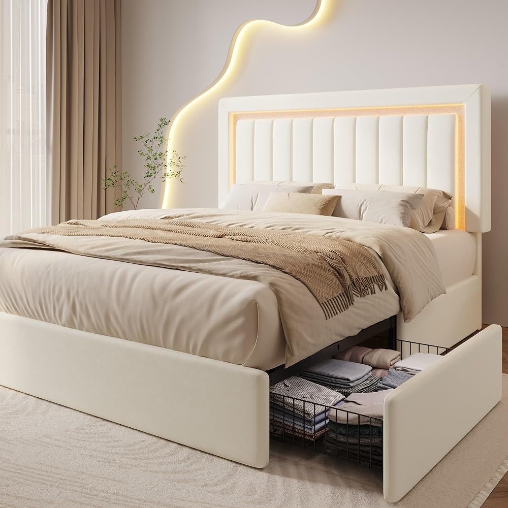 Full Size Bed Frame with LED Lights,2 Storage Drawers, Cream