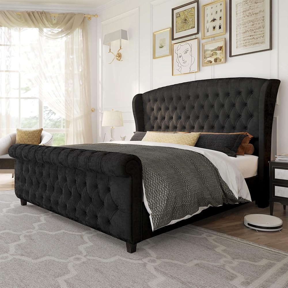 Queen Size Upholstered Sleigh Bed Frame with Wingback Headboard
