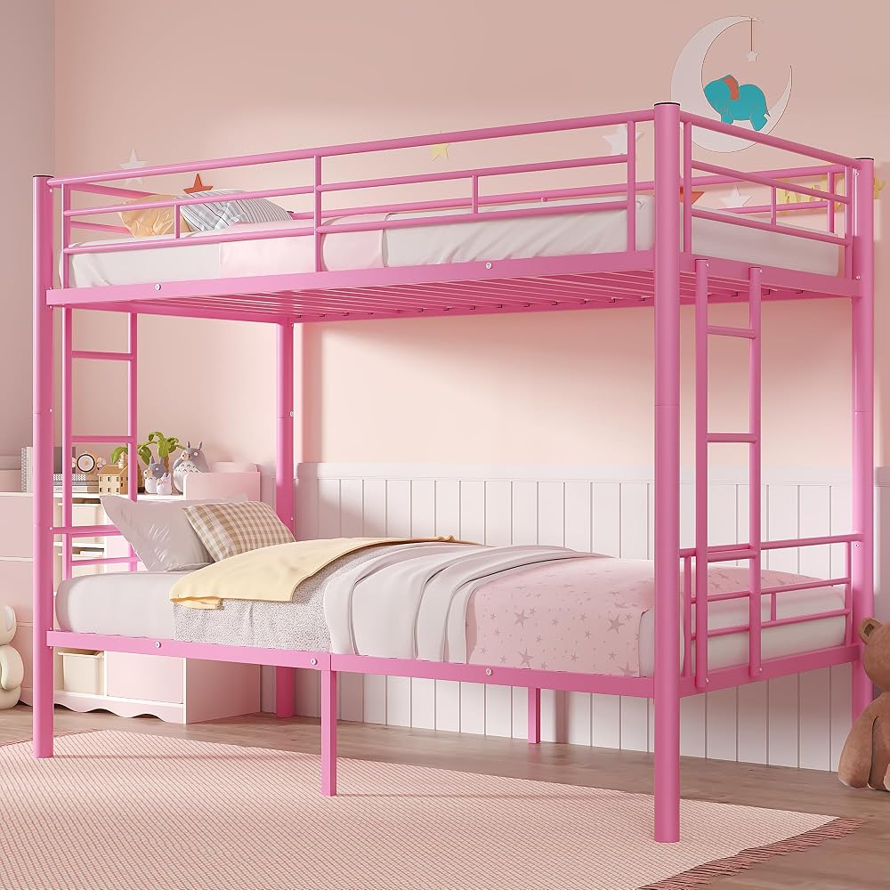 Bunk Bed Twin Over Twin, Metal Bunkbeds with Ladder and Full-Length Guardrail, No Box Spring Needed, Space Saving, Noise Free, Light Pink