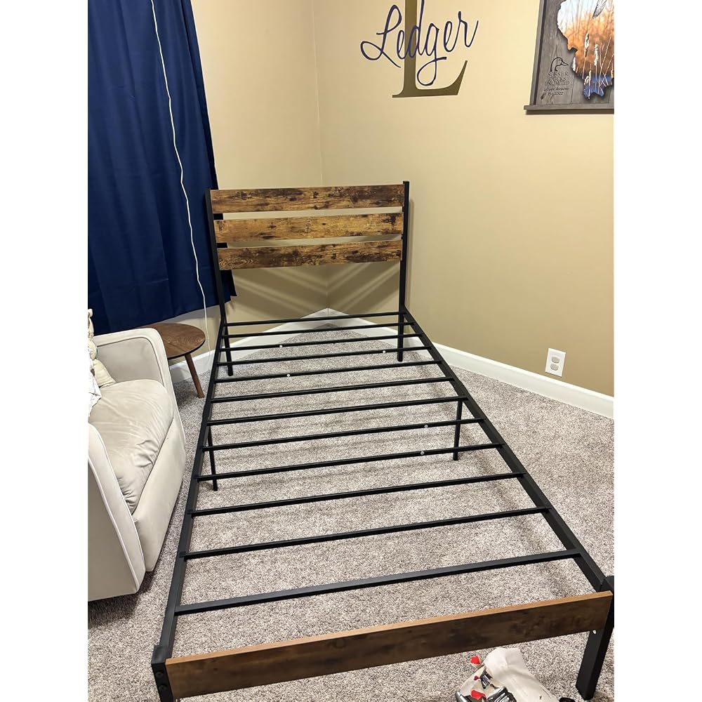Twin Bed Frame with Headboard and Footboard, Metal Twin Bed Frame with Under Bed Storage, All-Metal Support System, No Box Spring Needed, Easy Assembly,Rustic Brown