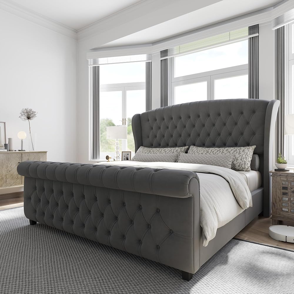 California King Upholstered Sleigh Bed Frame with Headboard