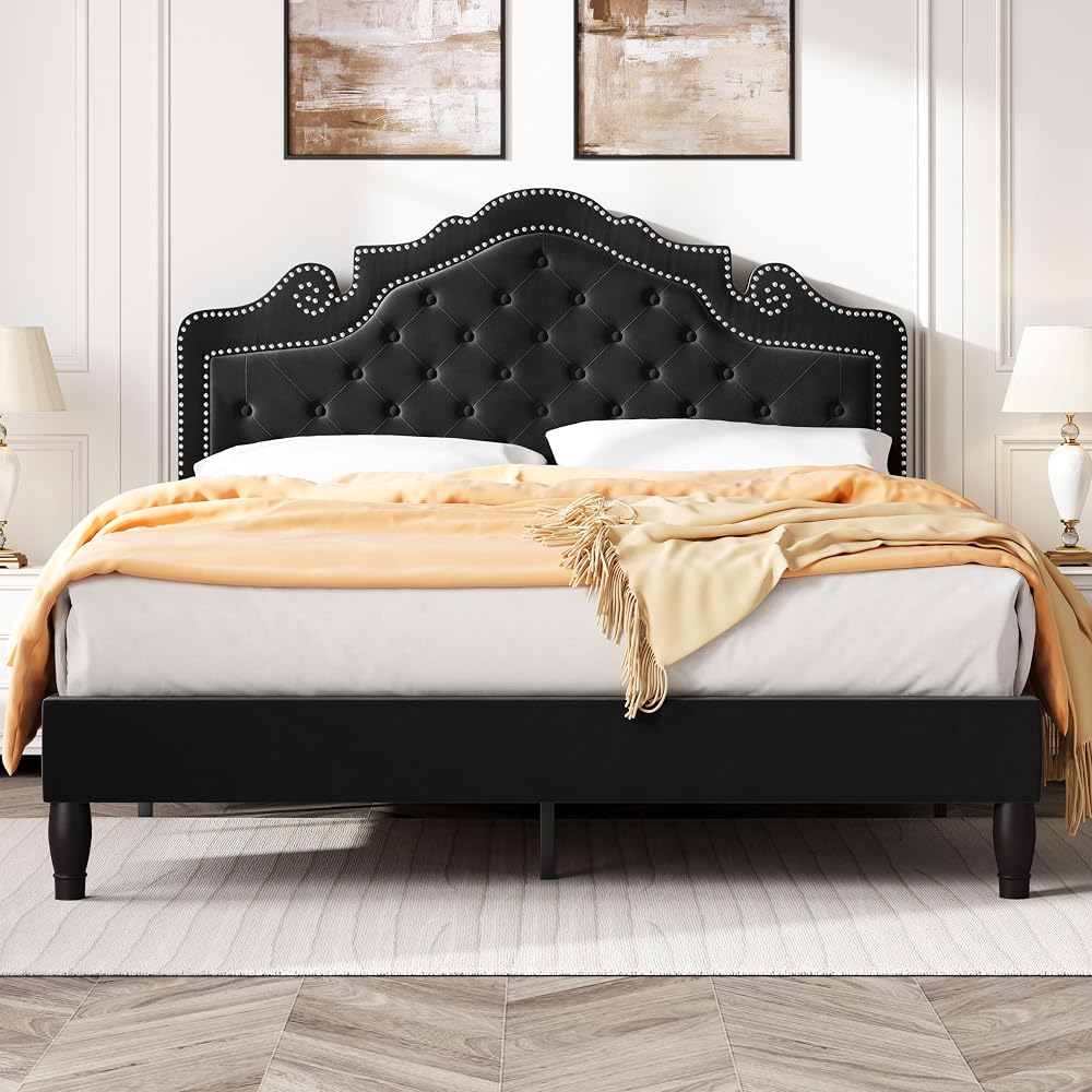 Queen Bed Frame with Adjustable Headboard/Velvet Upholstered/Diamond Button Tufted and Metal Studs/No Box Spring Needed/Wood Slat Support/Easy Assembly/Black