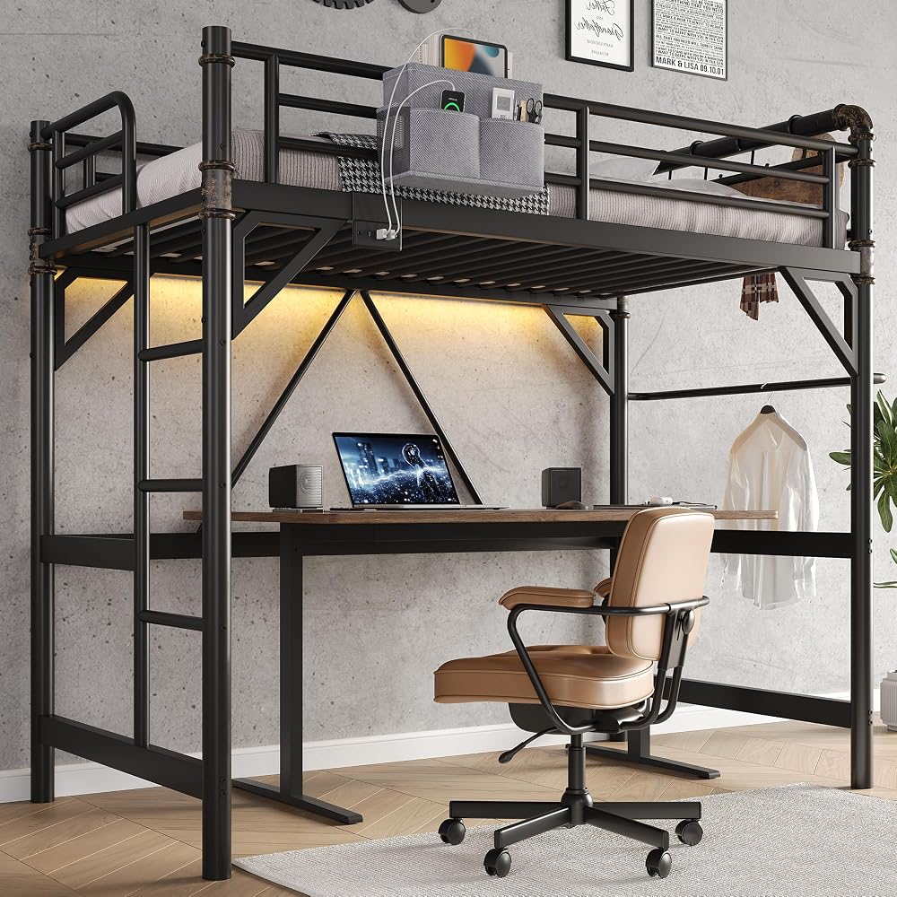 Twin Size Loft Bed with LED Lights and Charging Station, Industrial Heavy Duty Metal Loft Bed Frame with Ladder and Guardrail for Kids Adults, Small Space Saving Design for Bedroom Dorm, Vintage Brown