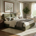 California King Linen Blend Platform Bed with 2 Pillows, Olive Green