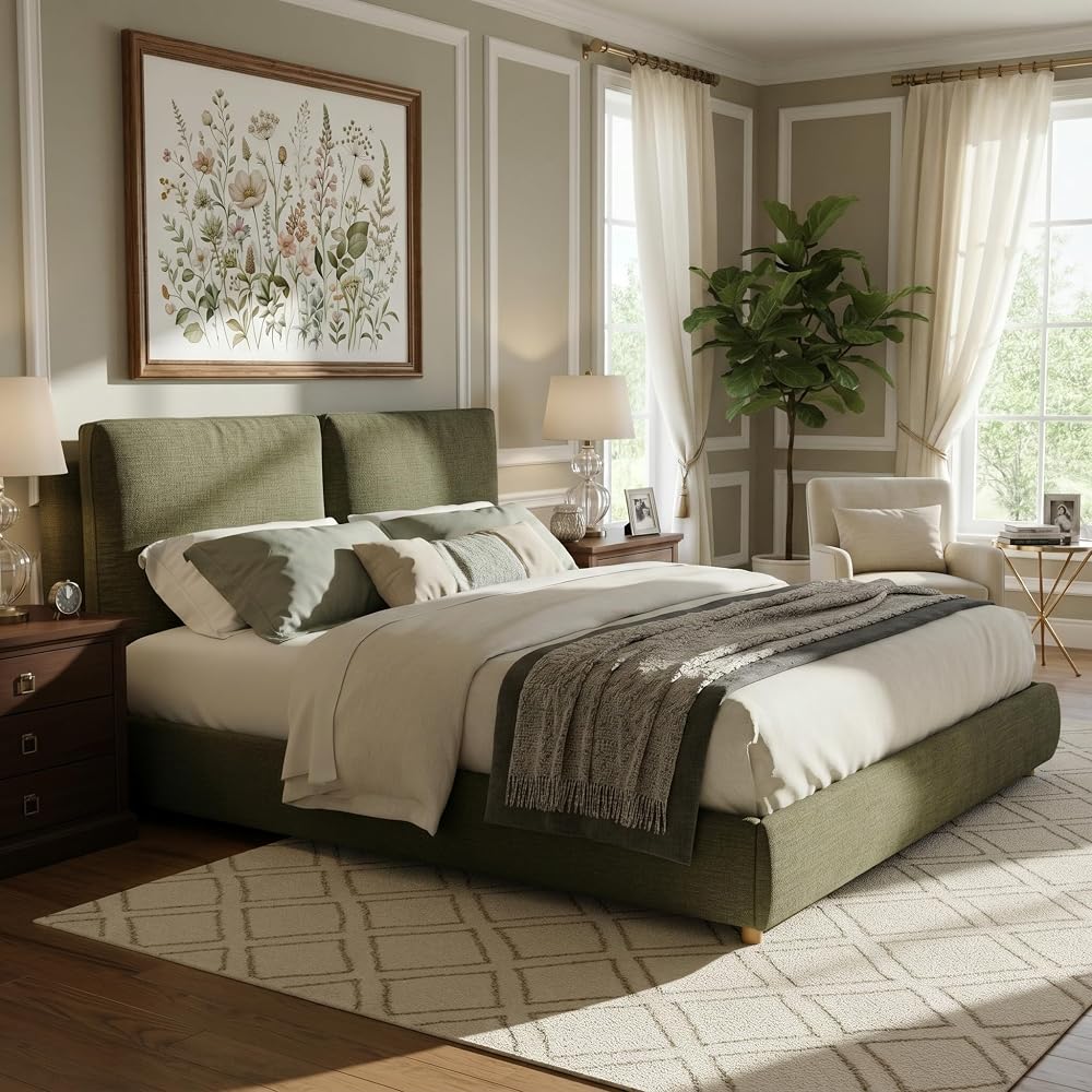California King Linen Blend Platform Bed with 2 Pillows, Olive Green