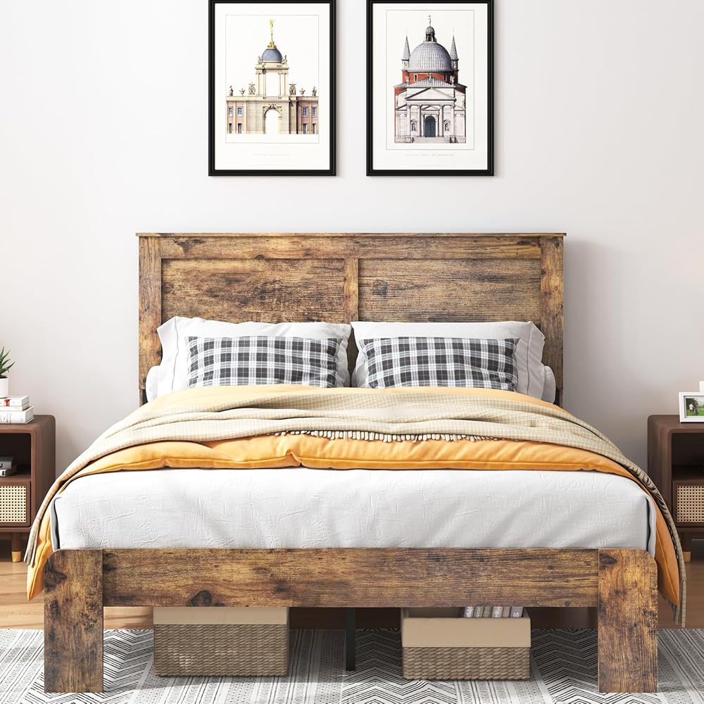 Wood Full Bed Frame with Headboard, Vintage Brown