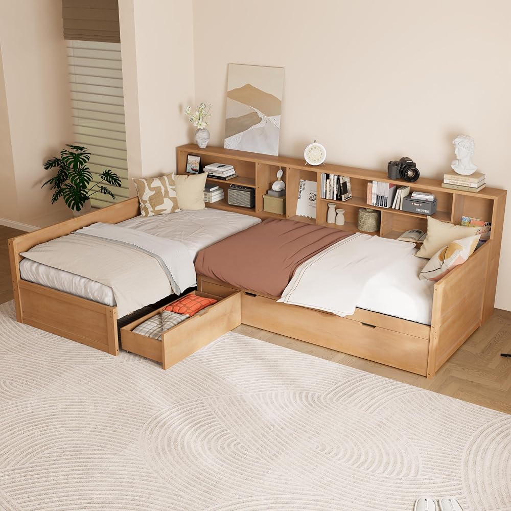 Twin Wooden L-Shaped Daybed with Trundle and Storage Drawer, Seadrift