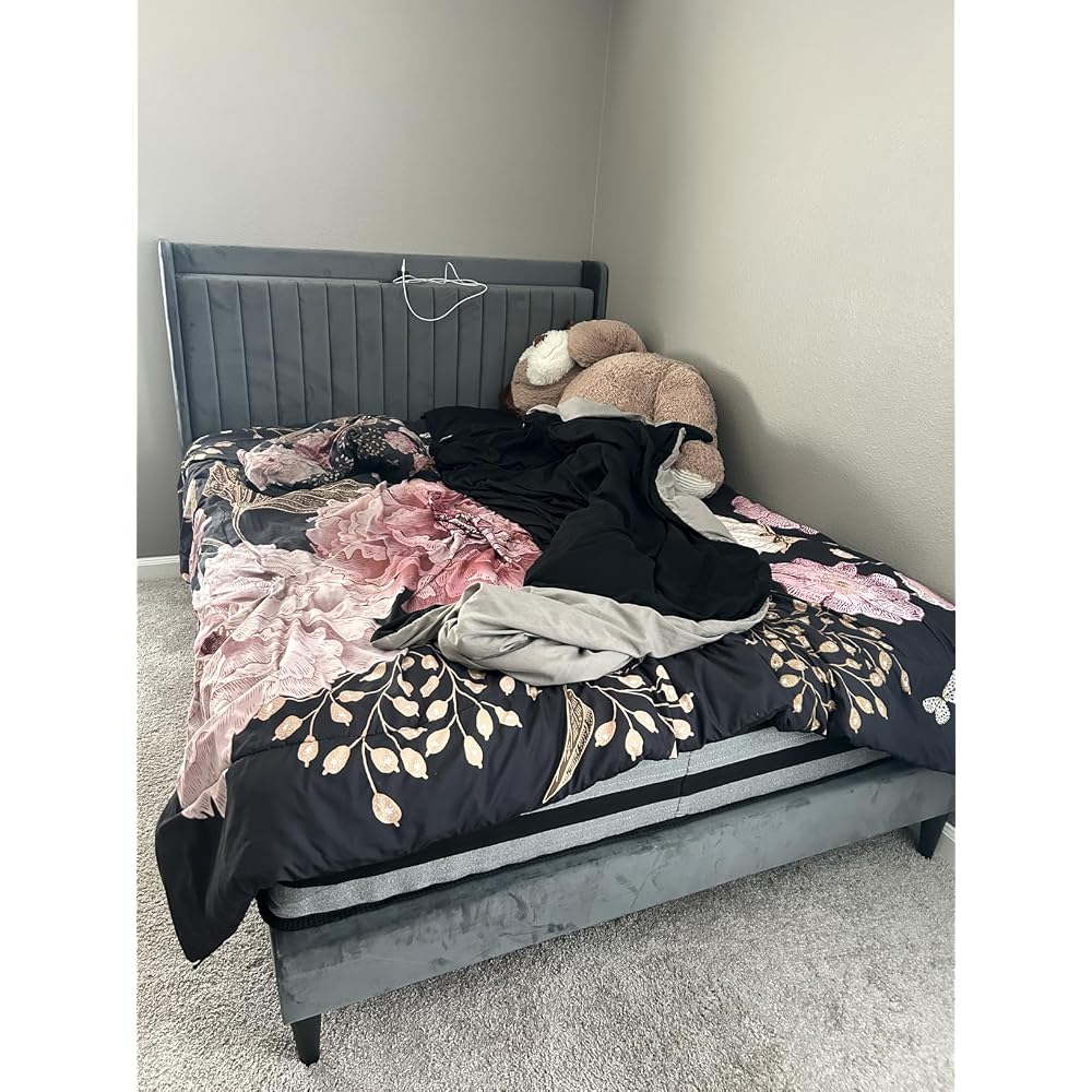 Queen Bed Frame with Channel-Tufted Storage Headboard, Cool Beige