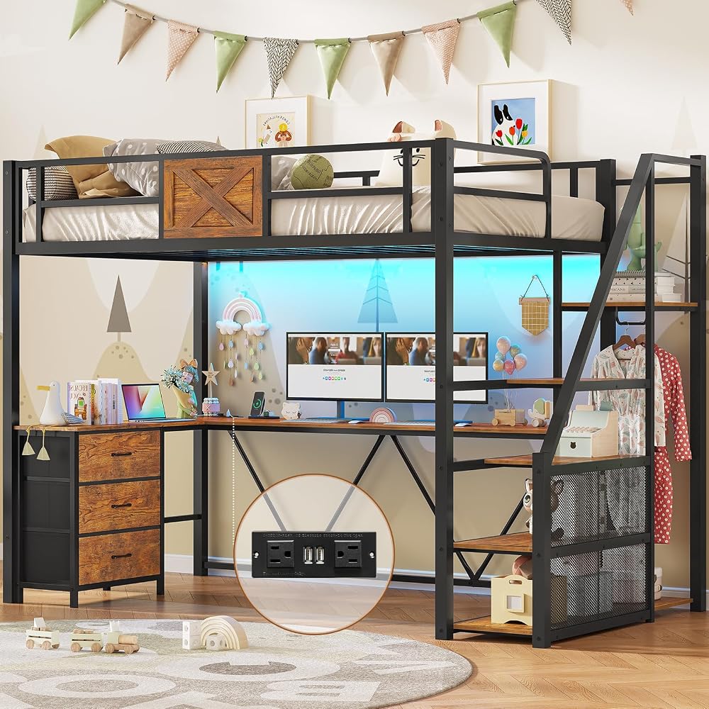 Stairway Twin Size Loft Bed with L Shaped Desk and Wardrobe, Metal Loft Bed Frame with Storage Stairs, 3 Fabric Drawers, LED Lights & Charging Sation (Rustic Brown, Twin)