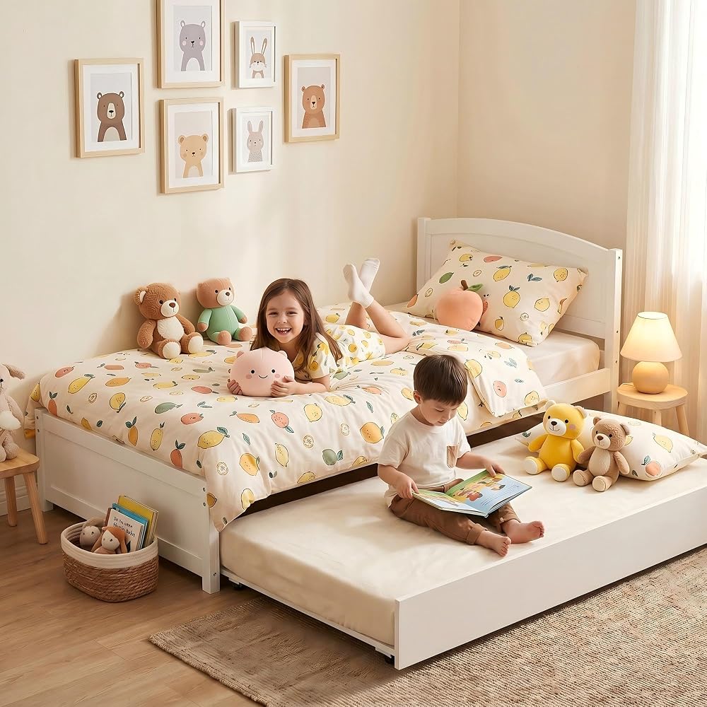 Twin Bed with Trundle, Solid Wood Twin Size Bed Frame, Pull Out Trundle Bed with Headboard and Footboard, Extendable Wooden Slats Platform Bed for Kids Teens Adults, White