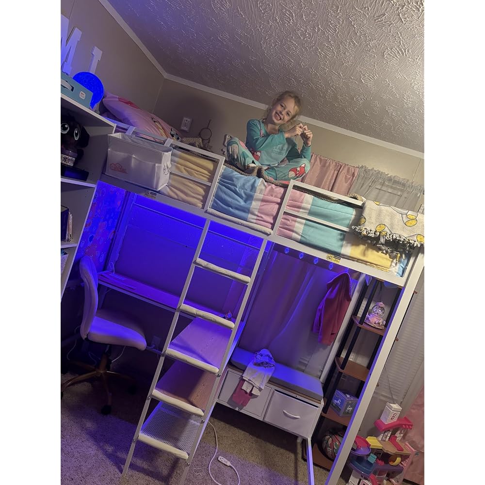Twin Loft Bed with L-Shaped Desk,Storage Shelves and Charging Station Metal Loft Bed Twin Size with LED Lights,Coat Rack with Drawers and Stair,Top Bunk with Safety Guardrail for Teen,Black