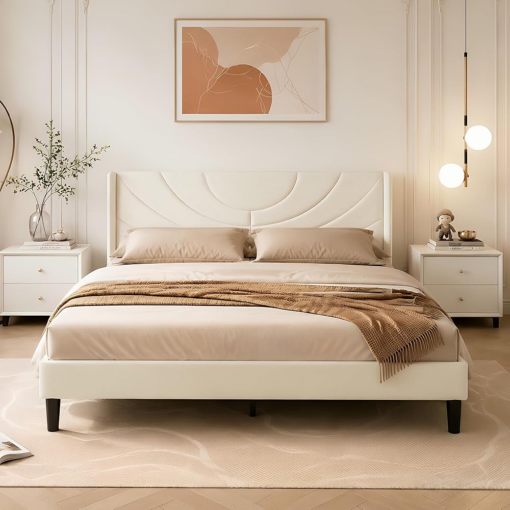 Upholstered Platform Queen Size Bed Frame with Fabric Headboard,Wooden Slats Support/No Box Spring Needed/Mattress Foundation,Beige