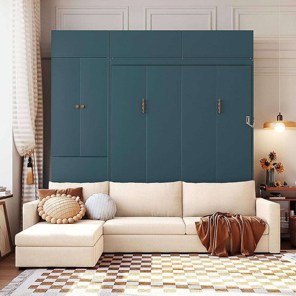 Queen Murphy Bed with Couch and Storage Bookcase, Wood Foldable Murphy Wall Bed with Storage Shelves and Sofa for Adults (H Green,Queen)