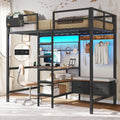 Twin Loft Bed with L-Shaped Desk,Storage Shelves and Charging Station Metal Loft Bed Twin Size with LED Lights,Coat Rack with Drawers and Stair,Top Bunk with Safety Guardrail for Teen,Black