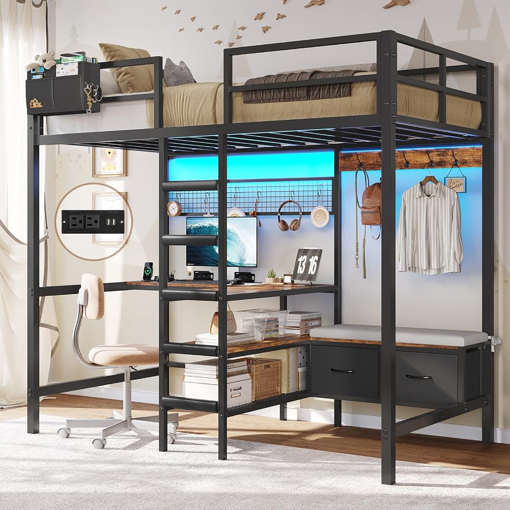 Twin Loft Bed with L-Shaped Desk,Storage Shelves and Charging Station Metal Loft Bed Twin Size with LED Lights,Coat Rack with Drawers and Stair,Top Bunk with Safety Guardrail for Teen,Black