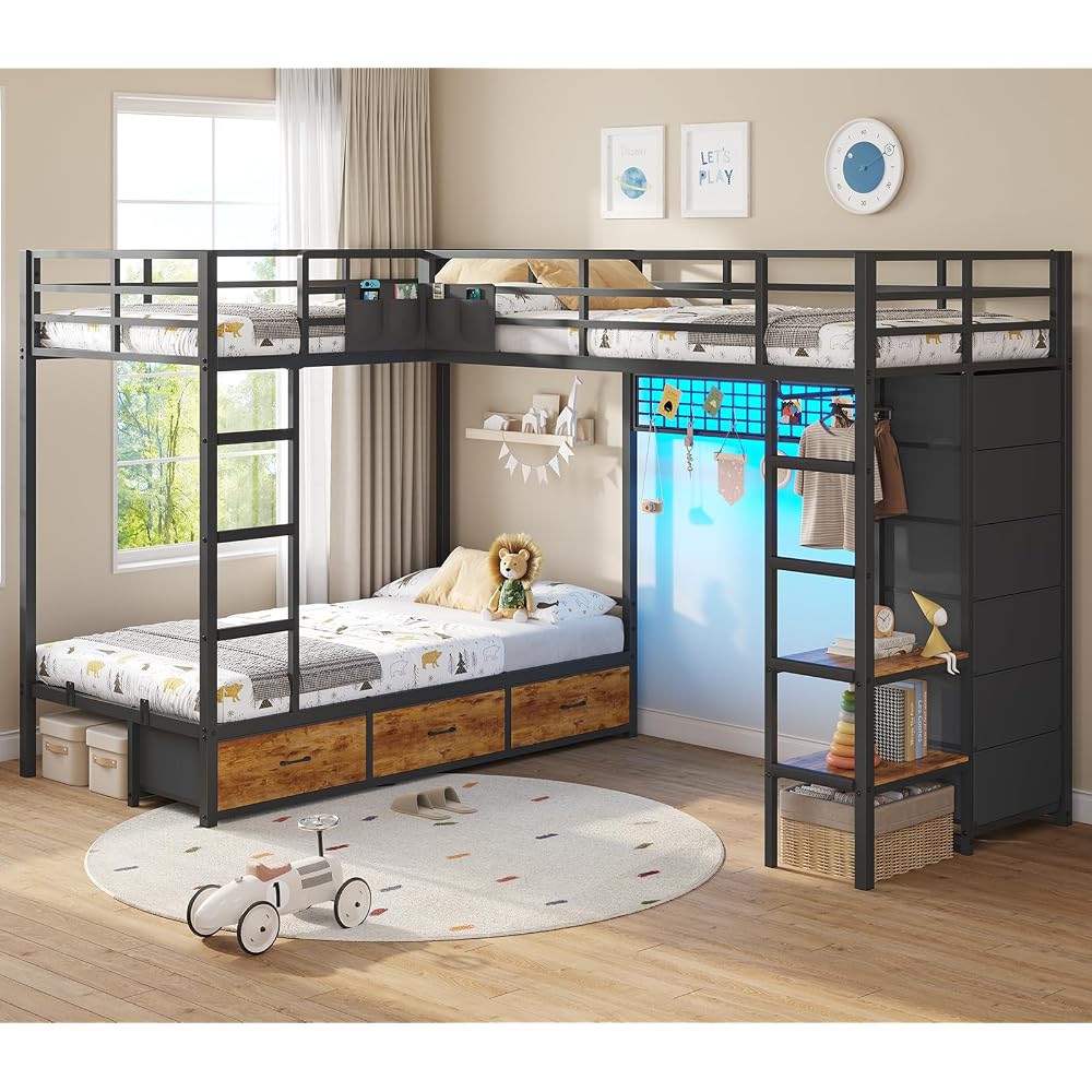 Triple Bunk Bed with 9 Storage Drawers and LED Lights, Twin Over Twin 3 Bed Bunk Beds for Kids with Shelves and Pegboard, Heavy-Duty Metal Bunk Bed with Full-Length Guardrail and Dual Ladders, Black