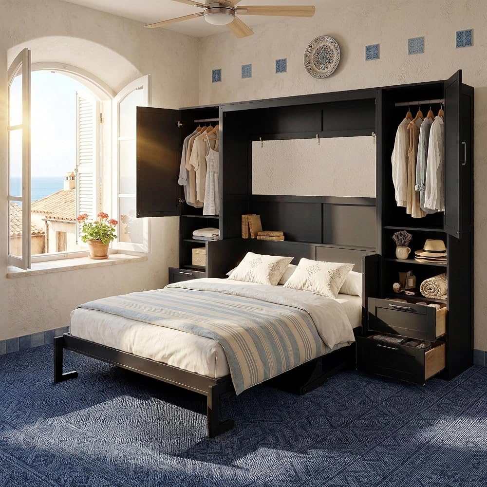 Queen Murphy Bed with Side Wardrobes & Drawers, Queen Size Wall Bed Frame, Multi-Functional Hidden Fold Down Cabinet Bed with Clothing Hanging Rods & Open Shelves, Black