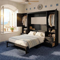 Queen Murphy Bed with Side Wardrobes & Drawers, Queen Size Wall Bed Frame, Multi-Functional Hidden Fold Down Cabinet Bed with Clothing Hanging Rods & Open Shelves, Black