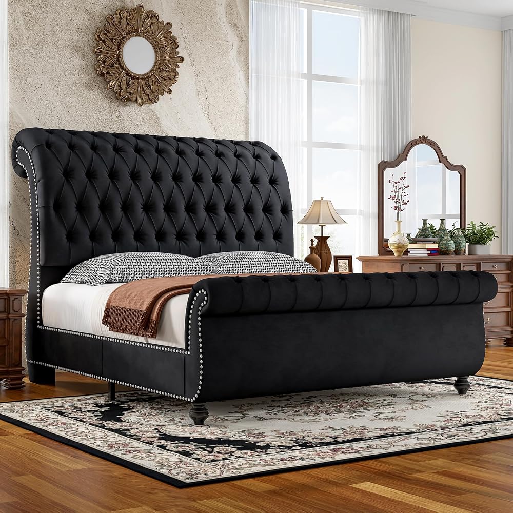 Queen Upholstered Bed Frame Sleigh Headboard & Footboard,Black