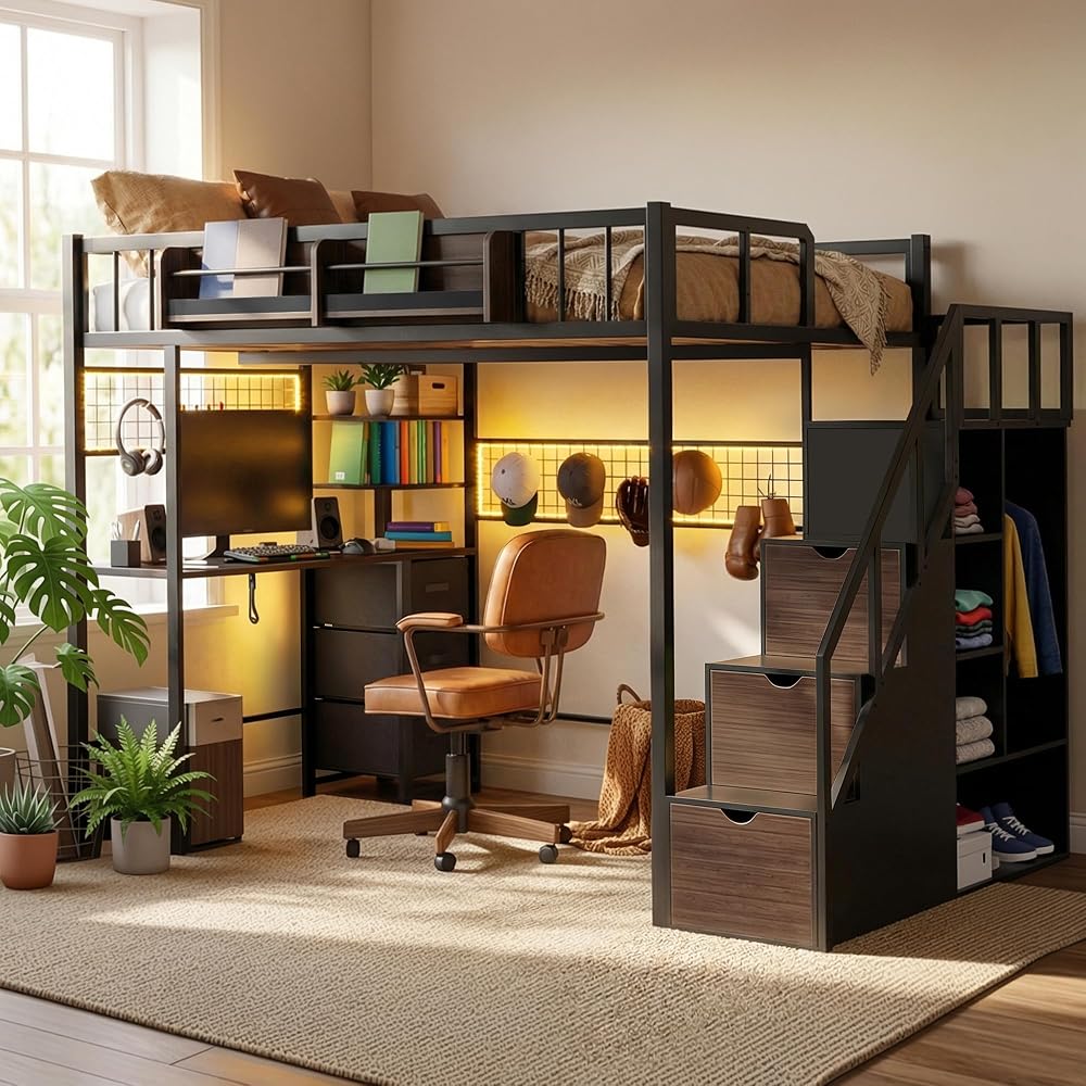 Loft Bed with Desk and Stairs, Headboard, Outlet (Black, Full)