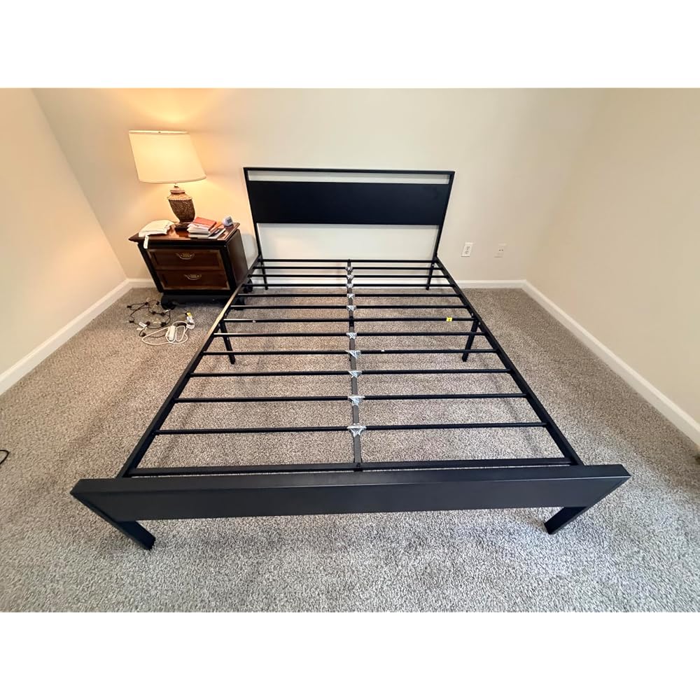 14 Inch Full Size Metal Platform Bed Frame with Wooden Headboard and Footboard, Mattress Foundation, No Box Spring Needed, Large Under Bed Storage, Non-Slip Without Noise, Walnut