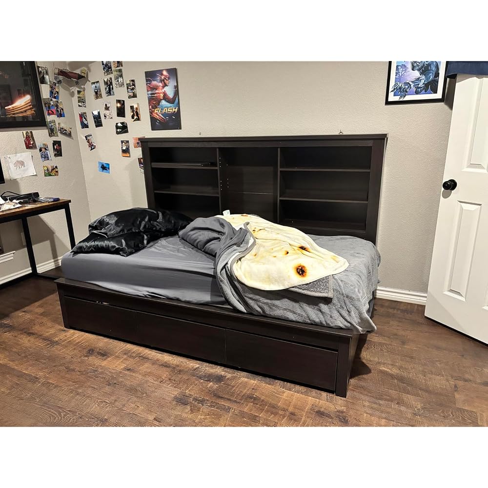 Twin Bed Frame Bookcase Headboard USB/LED Lights&3 Drawers, Black