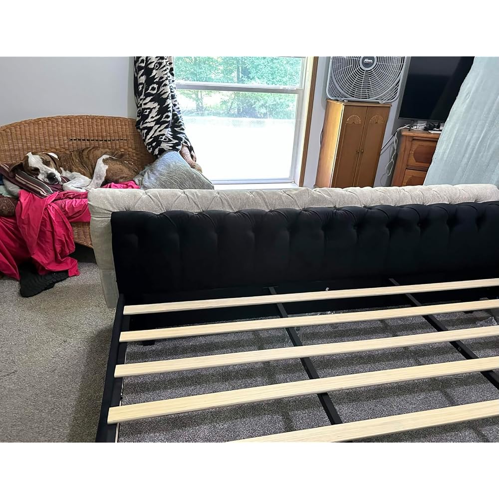Queen Size Upholstered Sleigh Bed Frame with Wingback Headboard
