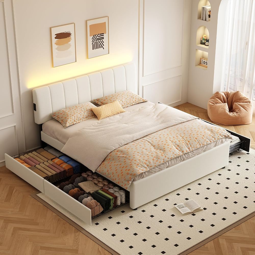 King Size Upholstered Platform Bed with 4 Storage Drawers