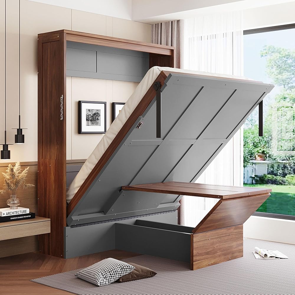 Full Size Murphy Bed Wall Beds with Foldable Desk and Hardware Chain,Cabinets Bed w/Metal Leg & Slat Support,Space Saving Bedroom Furniture for Small Space Apartment,Walnut & Gray