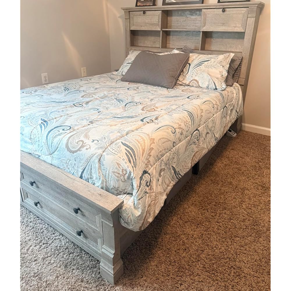 Farmhouse King Size Bed Frame with 54" Tall Headboard, Charging Station