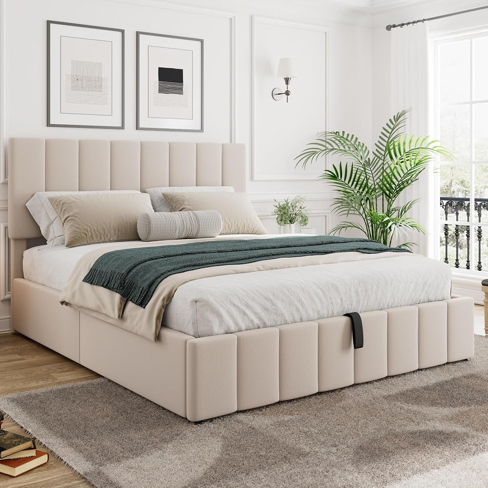 Gas Lift Up Storage Platform Bed, Upholstered Bed Frame with Hydraulic Storage System and Wooden Slat Support, Queen Size, Beige