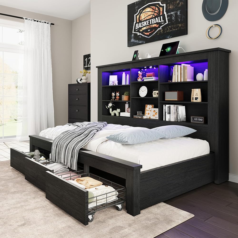 Twin Bed Frame Bookcase Headboard USB/LED Lights&3 Drawers, Black