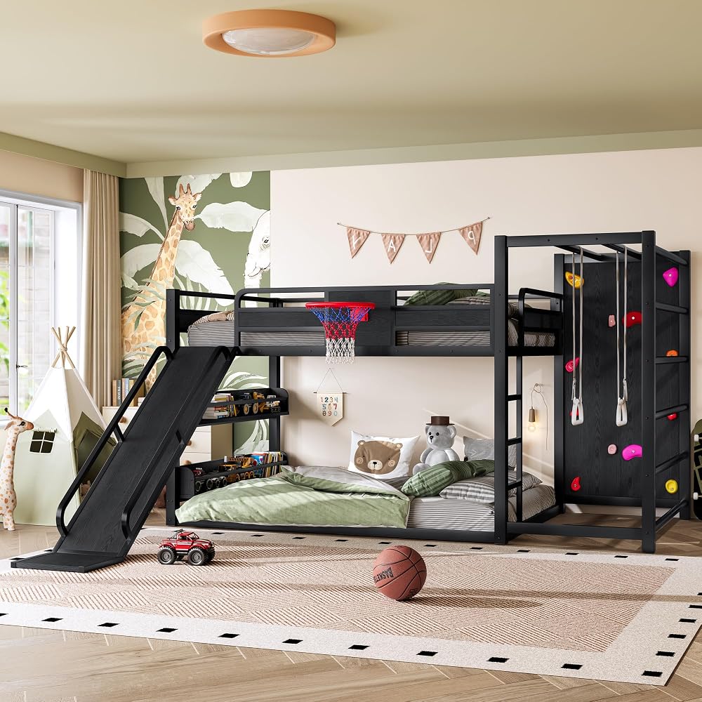 Full Size Bunk Bed with Basketball Hoop, Pull-up Rings, Climbing Wall,Black