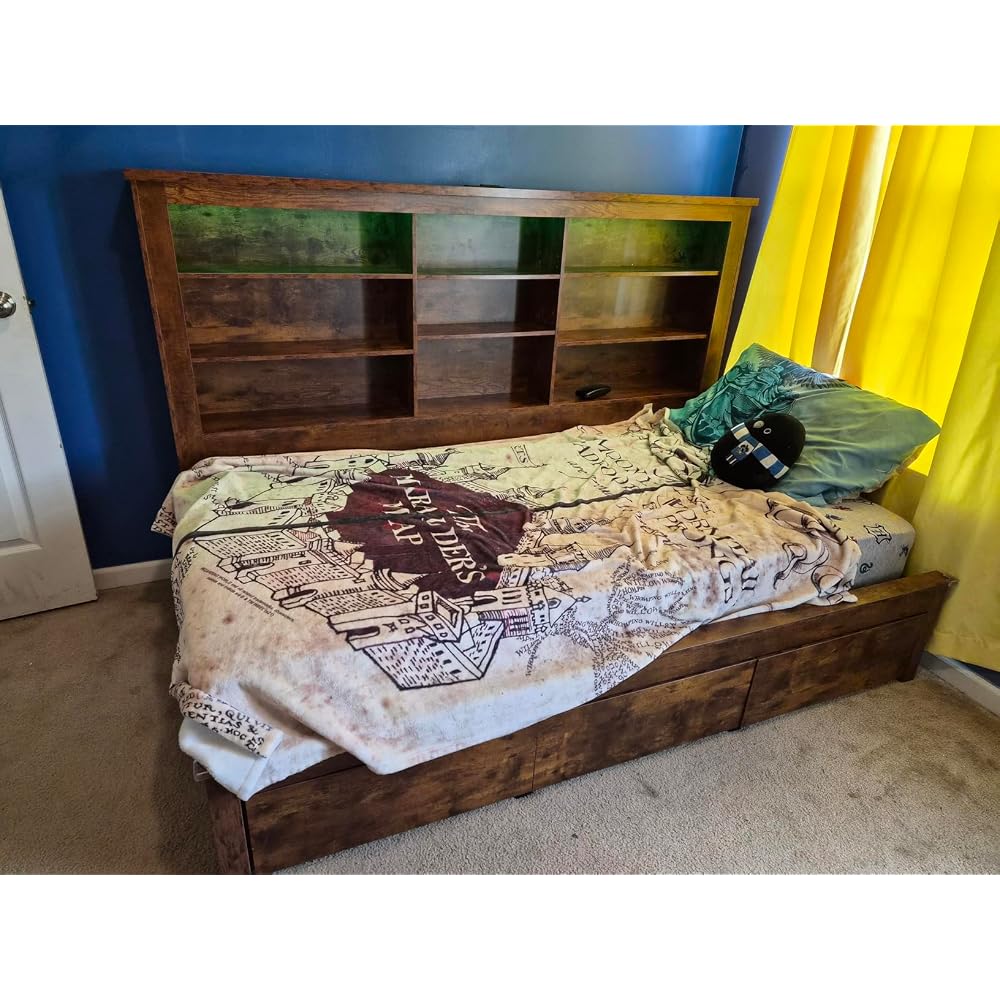 Twin Bed Frame Bookcase Headboard USB/LED Lights&3 Drawers, Black