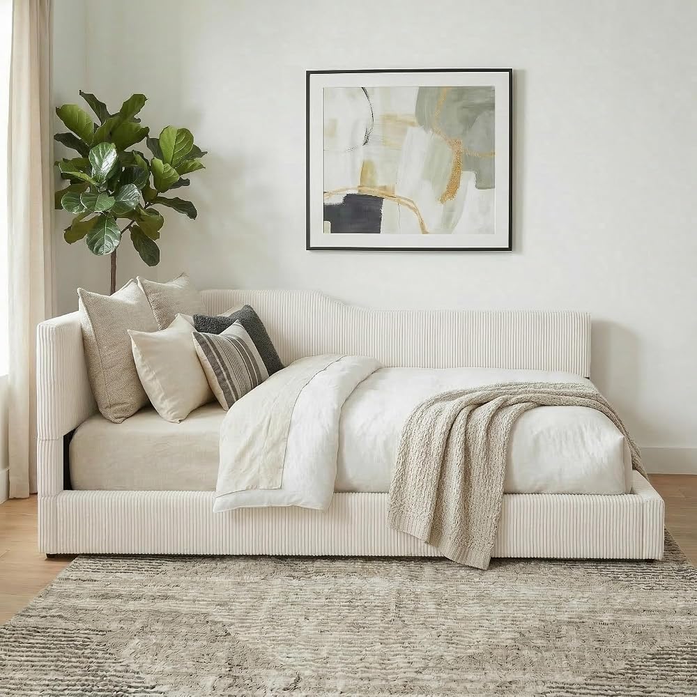 Full Size Upholstered Daybed with Headboard, Beige