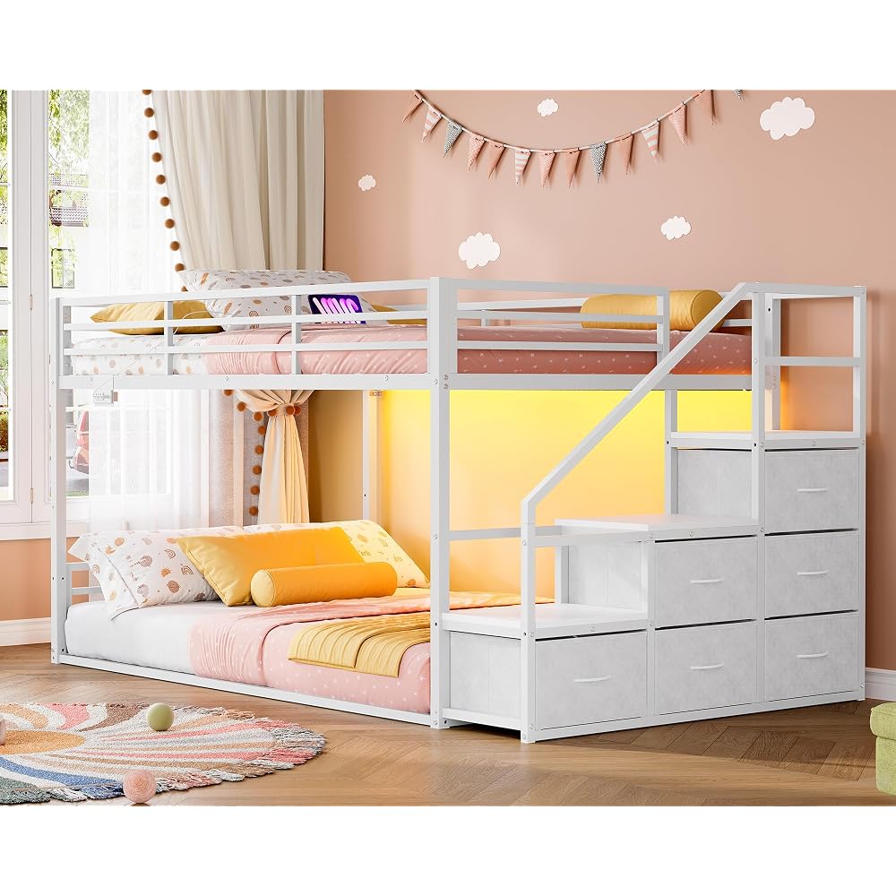Bunk Bed Twin Over Twin with Storage Stairs, Metal Bunk Beds for Kids