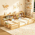 Twin Floor Bed for Kids, Wooden Montessori Bed Frame with Bookcase, Bedside Storage Shelves & Guardrails, Versatile 2-in-1 Floor Bed for Boys Girls, Natural