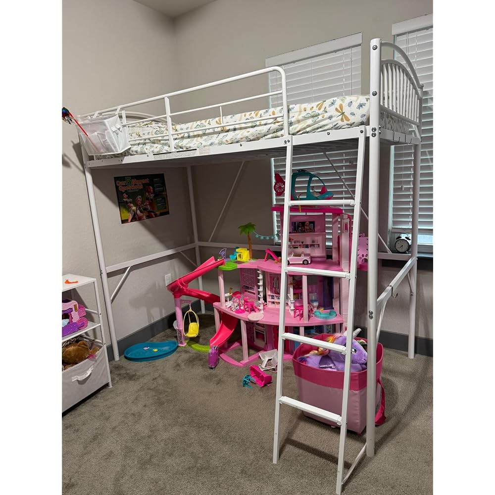 Loft Bed White Twin with Storage Bag, Metal Twin Size Loft Beds for Kids with Convertible Ladder, Safety Guard Rails and Anti-tip Nails for Teenager，Girls or Boys (White)